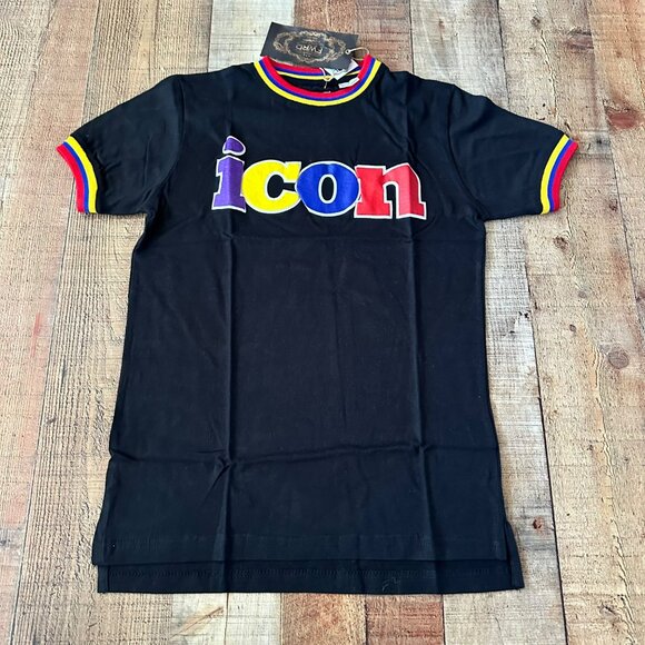 FWRD Denim Black "Icon" Graphic T-Shirt L Colorful Trim Crew Neck Short Sleeve - Picture 1 of 7